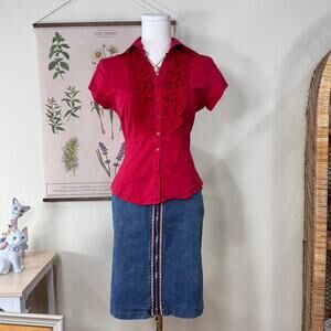 Vintage 90s Y2K Embellished Denim Zip Up Jean Skirt Retro Americana Grunge S 6